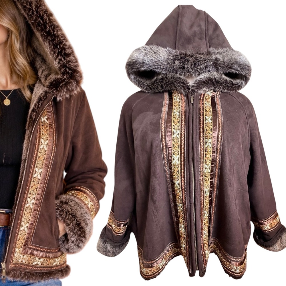 Coldwater Creek Faux Suede Faux Fur Hooded Embellished Jacket Brown XL
